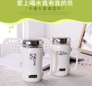 创意卡通可爱密封马克杯带盖 茶水牛奶咖啡杯 镜面陶瓷杯定制logo